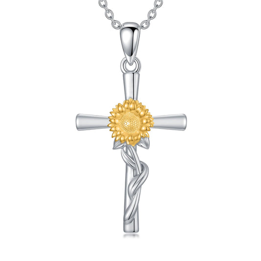 Cargari Sunflower Necklace for Women Sterling Silver Sunflower Cross Pendant Jewelry Flower Cross Necklace Gifts