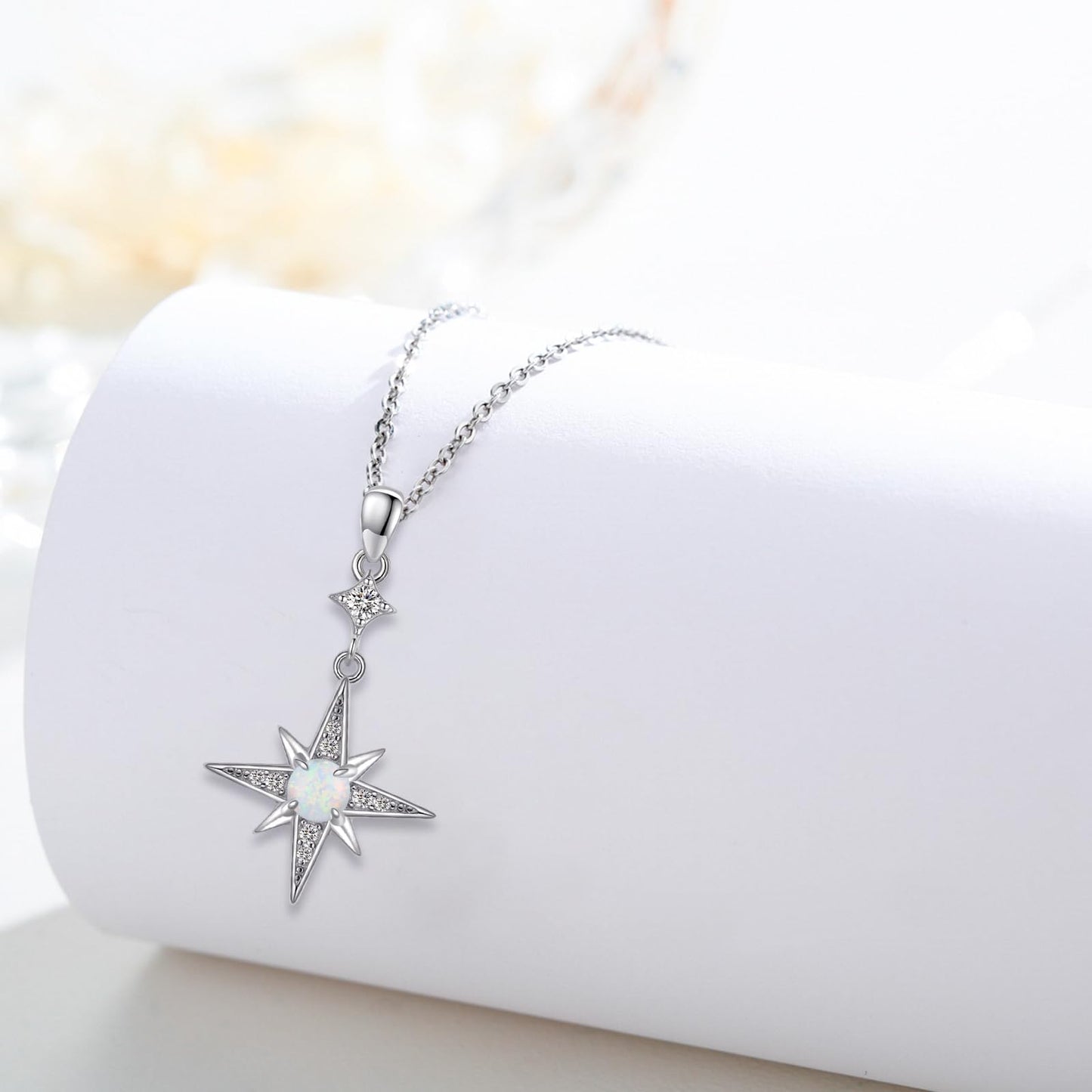 Silikepa Star Necklace for Women 925 Sterling Silver North Pole Star Pendant Necklace with White Opal Jewelry Gift for Women