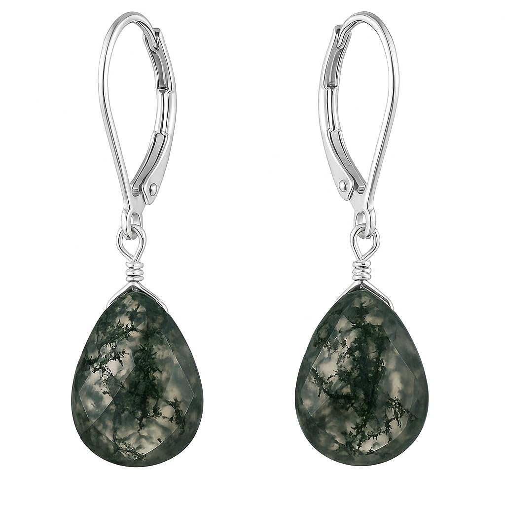 GEMINSPIRE Moss Agate Pear Shape Tear Drop Earrings Suspended with Sterling Silver Lever Back Hoop, Elegant Handmade Jewelry Gifts for Women