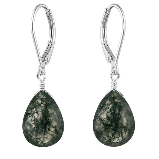 GEMINSPIRE Moss Agate Pear Shape Tear Drop Earrings Suspended with Sterling Silver Lever Back Hoop, Elegant Handmade Jewelry Gifts for Women
