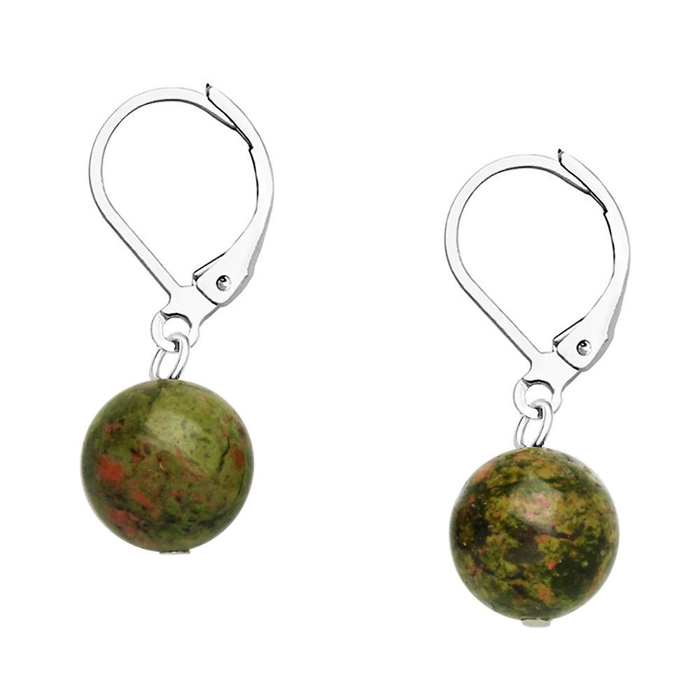 Falari 10mm Round Natural Stone Earring High Polished Rhodium Leverback Unakite