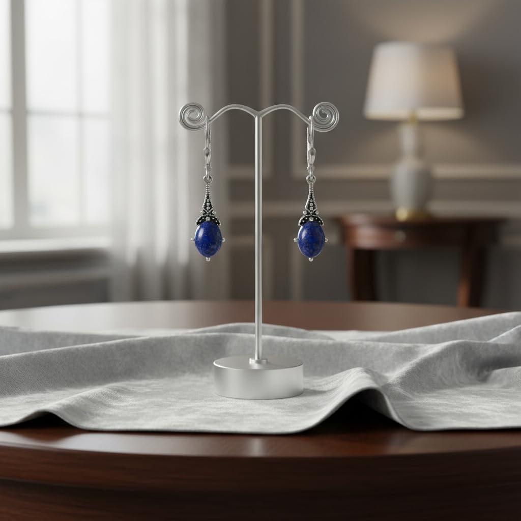 Natural Lapis Lazuli Earrings 925 Sterling Silver Vintage Retro Leverback Dangle Drop Earrings Birthday Jewelry Gifts for Women