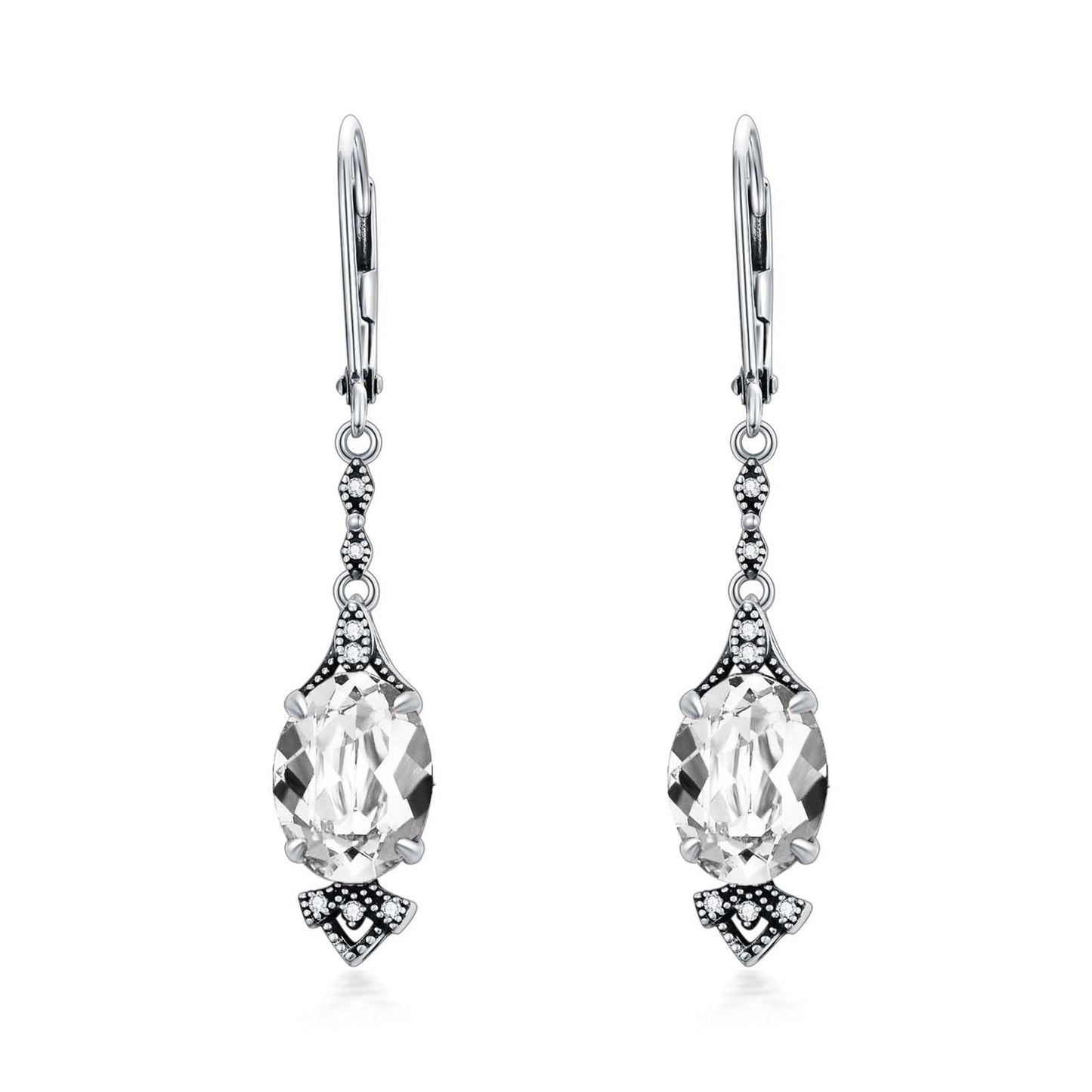 Vintage Clear White Earrings 925 Sterling Silver Retro Antique Looking Leverback Dangle Drop Earrings with Oval April Birthstone, Anniversary Jewelry Gifts for Women