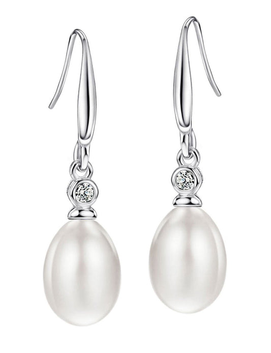 Michooyel 925 Sterling Silver Freshwater Cultured Pearl Dangle Drop Earrings for Women AAA+ Quality 8mm White Pearl Earrings Cubic Zirconia Jewelry for Women