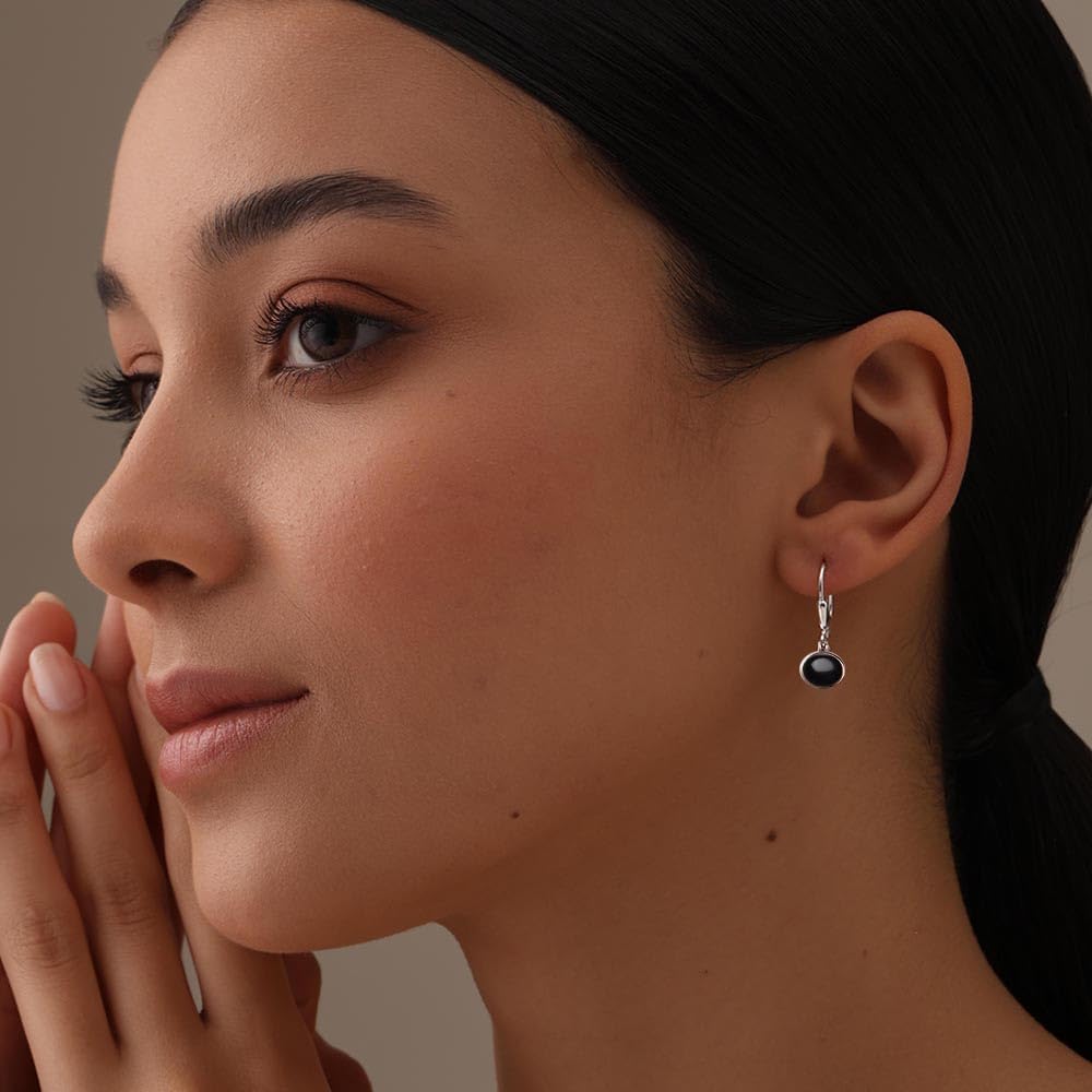 LeCalla 925 Sterling Silver Leverback Earrings for Women | Bezel-Set Black Onyx Oval Gemstone Drop Earrings | Women’s Gemstone Faceted Earrings 23MM