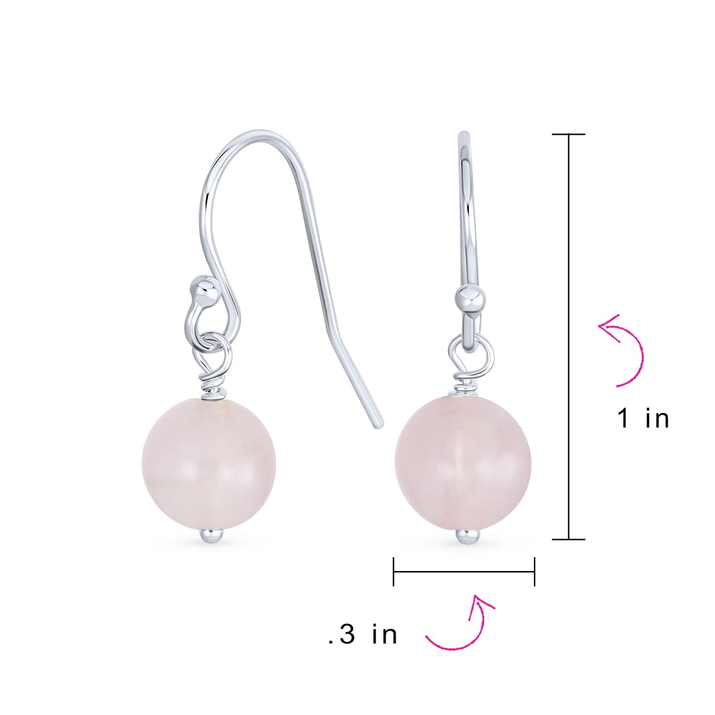 Bling Jewelry Timeless .925 Sterling Silver Light Pink Rose Quartz Bead 8mm Ball Drop Earrings Fish Hook Genuine Gemstone October Birthstone