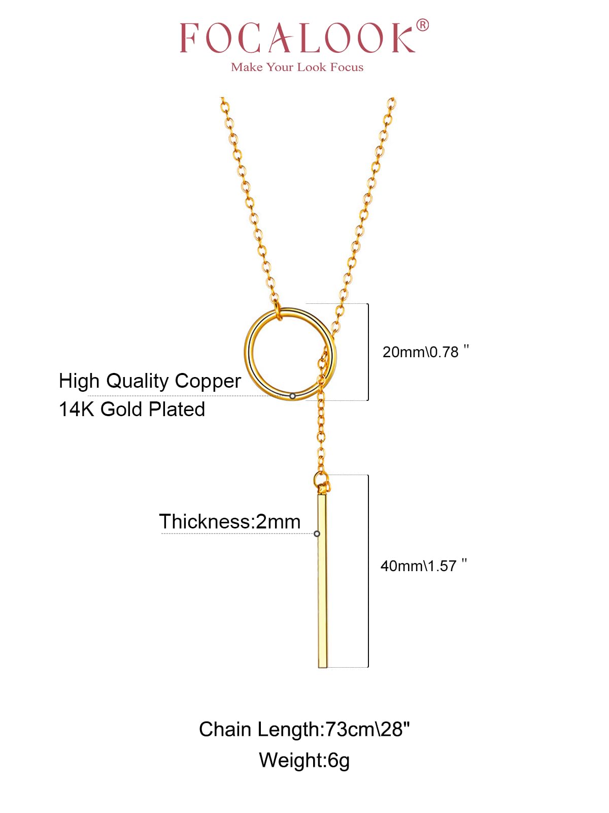 FOCALOOK Long Gold Necklaces for Women 14K Gold Plated Drop Vertical Bar Pendant Lariat Necklace 28inch/73cm