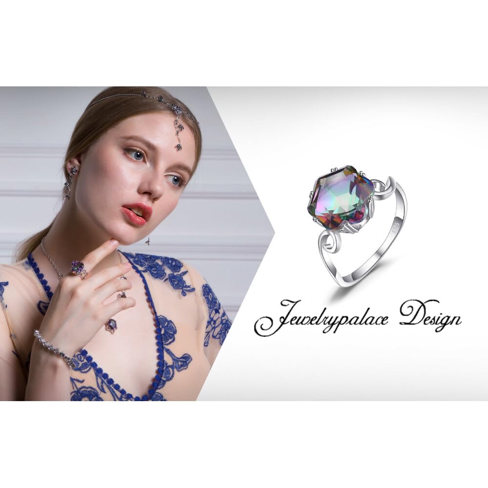 JewelryPalace Fancy Cut 5.7ct Multicolor Genuine Rainbow Quartz Cocktail Rings for Her, 14K White Gold Plated 925 Sterling Silver Ring for Women, Natural Gemstone Jewelry Rings 6