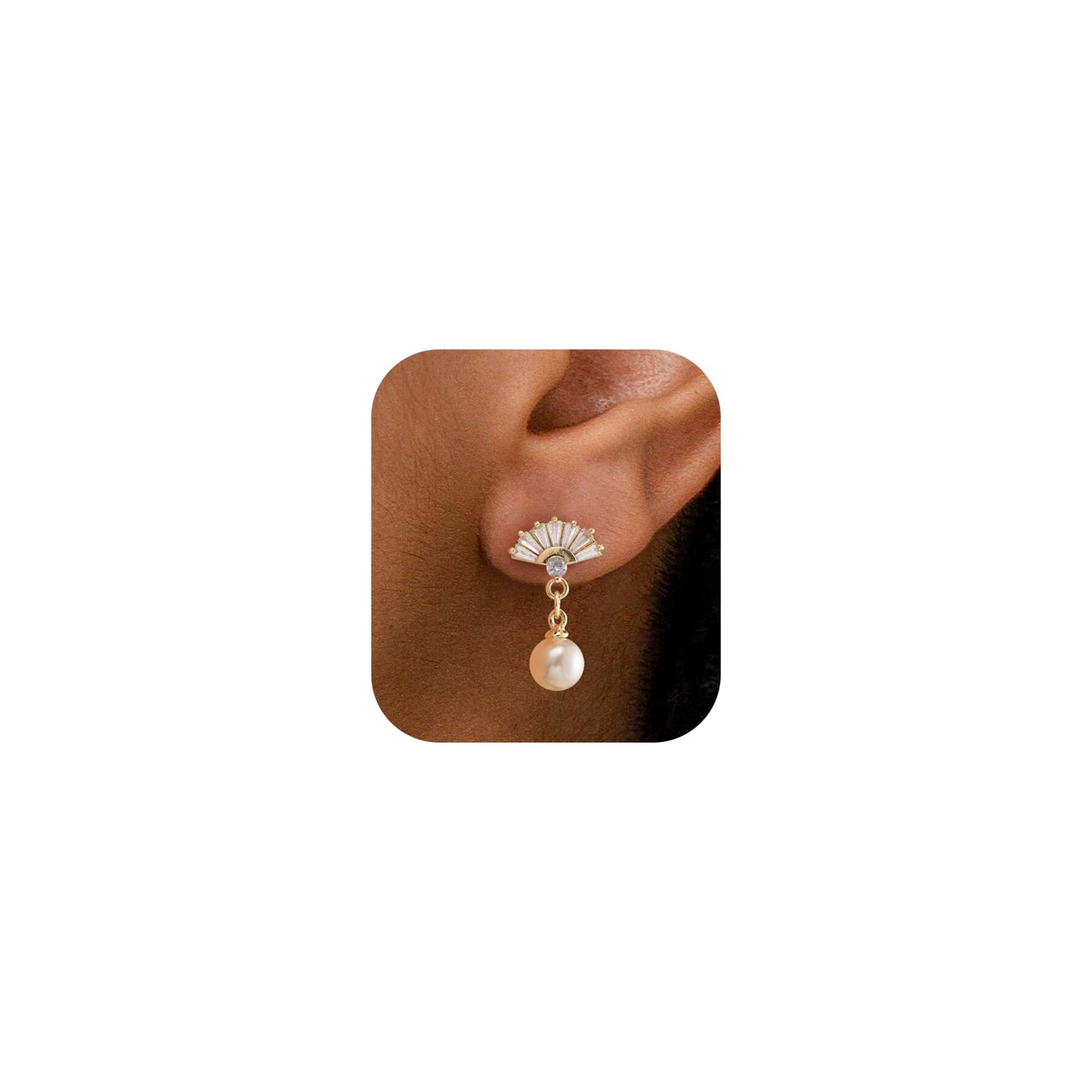 PRTGL Pearl Earrings: 14k Gold-plated Cubic Zirconia Accented Pearl Drop Wedding Engagement Earrings For Women Bridal Bridesmaid (Fan Designed)