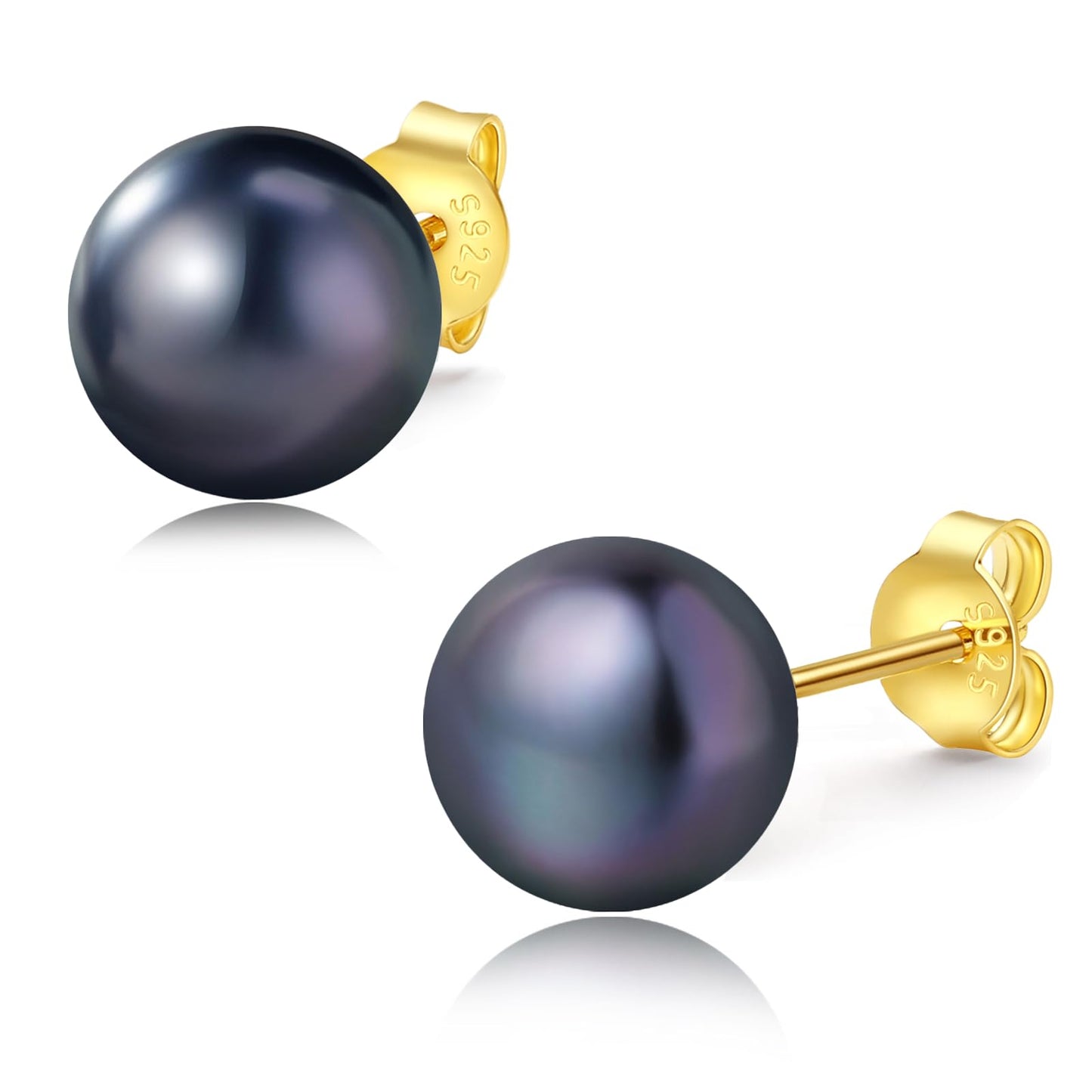 YAMI Pearl Earrings for Women, 925 Sterling Silver Hypoallergenic Gold Stud, Saltwater Cultured Black Pearl, Classic & Elegant Jewelry Gifts for Her, 9-9.5MM