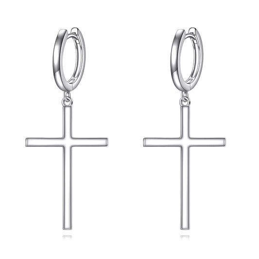Hanging Cross Hoop Earrings Sterling Silver Large Cross Dangle Earrings Religious Jewelry for Women Men