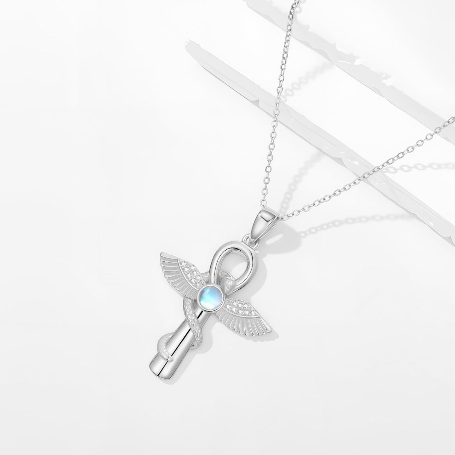YEESIA Cross Necklace for Men and Women, 925 Sterling Silver Anka Cross Pendant Necklace with Moonstone, Egyptian Protective Jewelry Gift for Men and Women