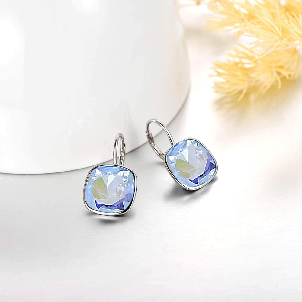 AOBOCO Sterling Silver Leverback Earrings Embellished with Crystals from Austria, Hypoallergenic Cushion Cut Square Crystal Earrings, Fine Anniversary Birthday Jewelry Gifts for Women (Fantasy Blue-10mm)