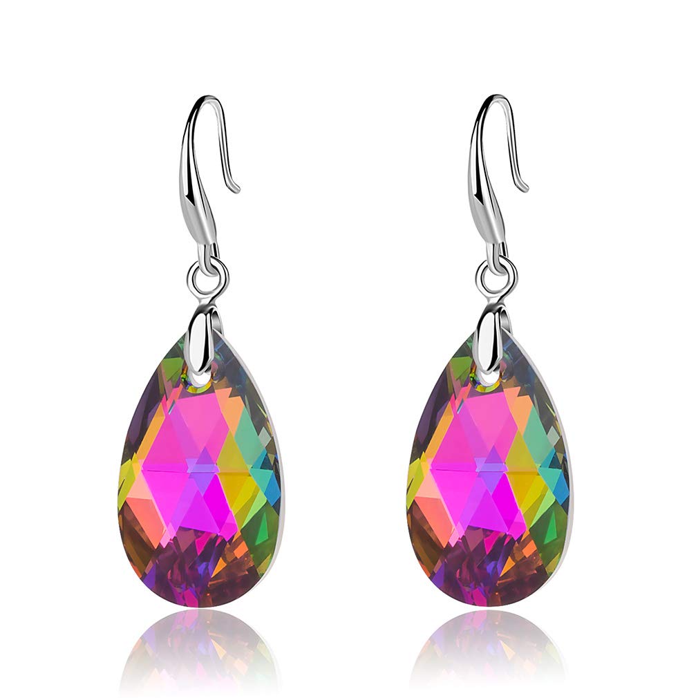 Austrian Crystal Teardrop Dangle Hook Earrings for Women 14K Gold Plated Hypoallergenic Jewelry (Vitrail Medium)