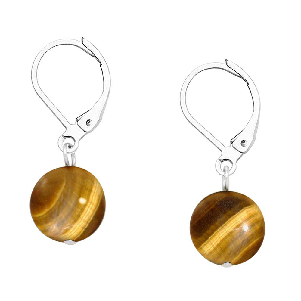 Falari 10mm Round Natural Stone Earring High Polished Rhodium Leverback Tiger Eye