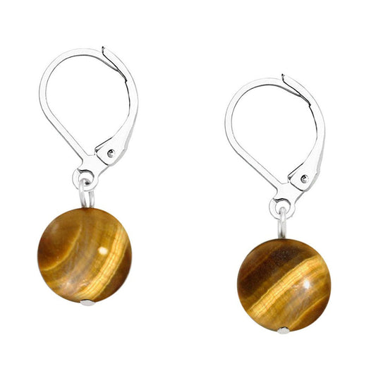 Falari 10mm Round Natural Stone Earring High Polished Rhodium Leverback Tiger Eye