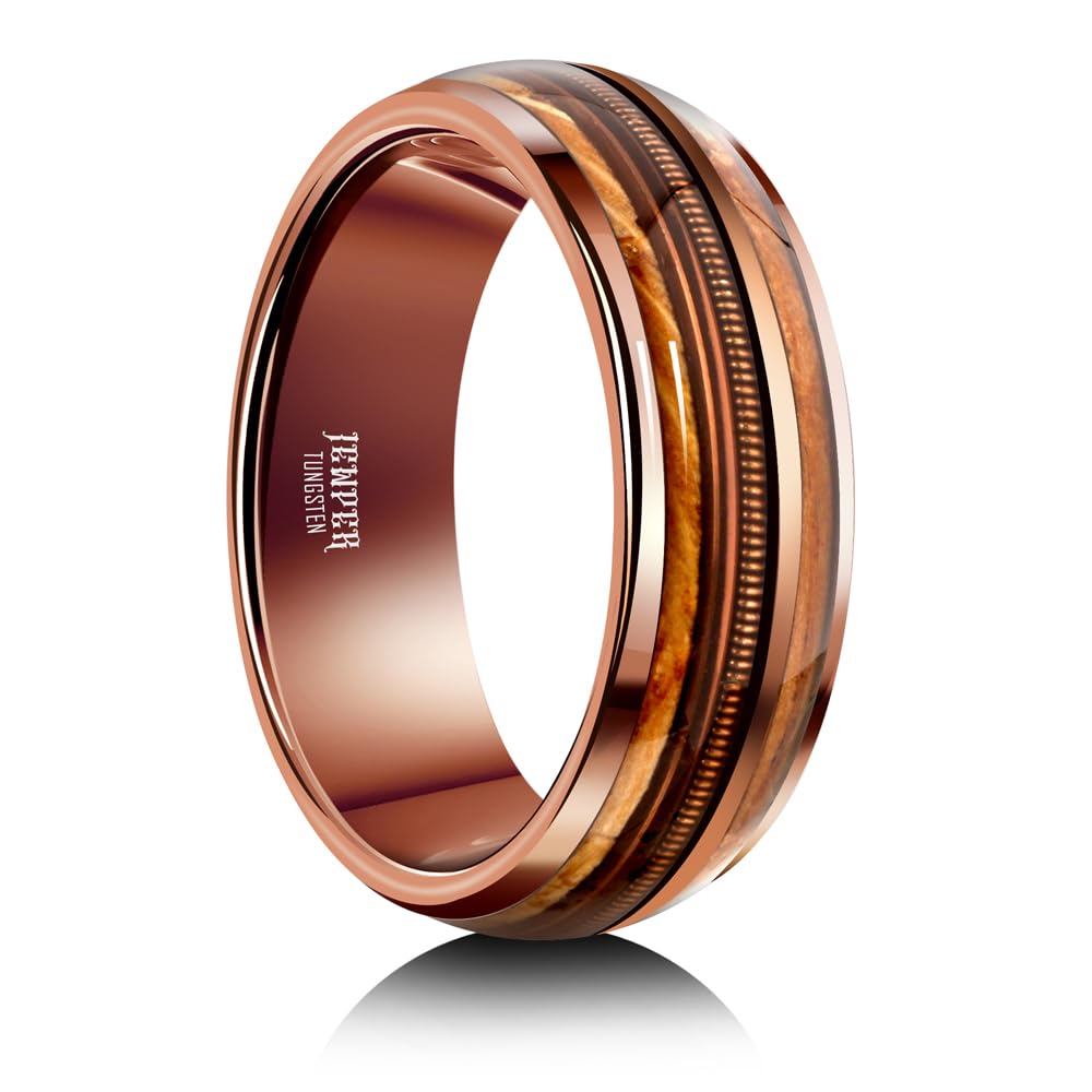 JEWPER 8mm Men Womens Wedding Band Tungsten Rings Brown Fashion Promise Carbide Inlaid Guitar Strings Whiskey Barrel Wood Matte Finish Edge Comfort Fit size 7-12(10)