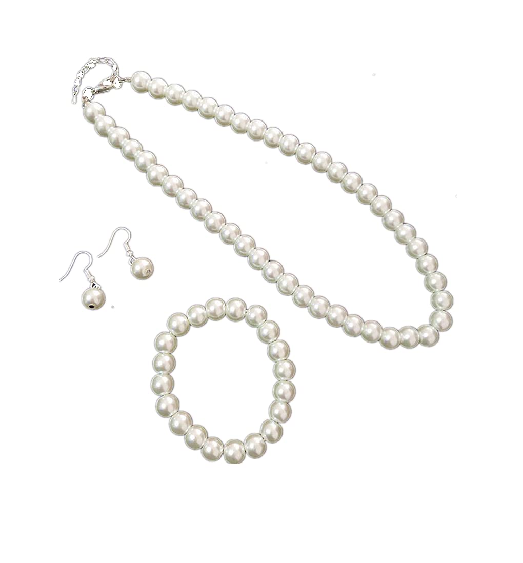 tenghong2021 Fashion Classic Faux Pearl Jewelry Set Necklace Bracelet Earrings for Women Best Gift