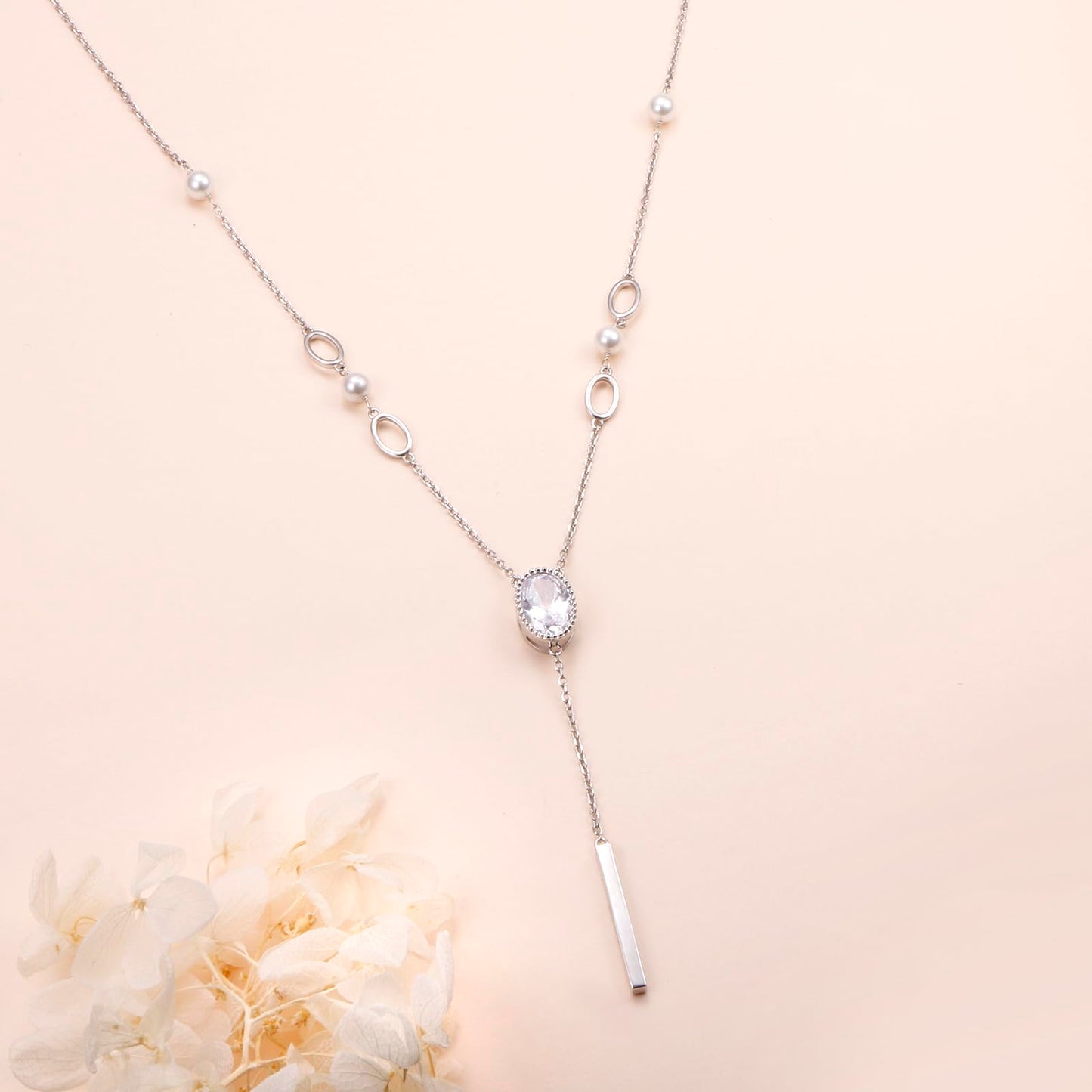 Oval Bar Bead Long Chain Sweater Necklace for Women S925 Sterling Silver Long Chain Oval Cubic Zirconia Synthetic Pearl Beads Large Pendant Sweater Y-Necklace for Women 26+2 inches