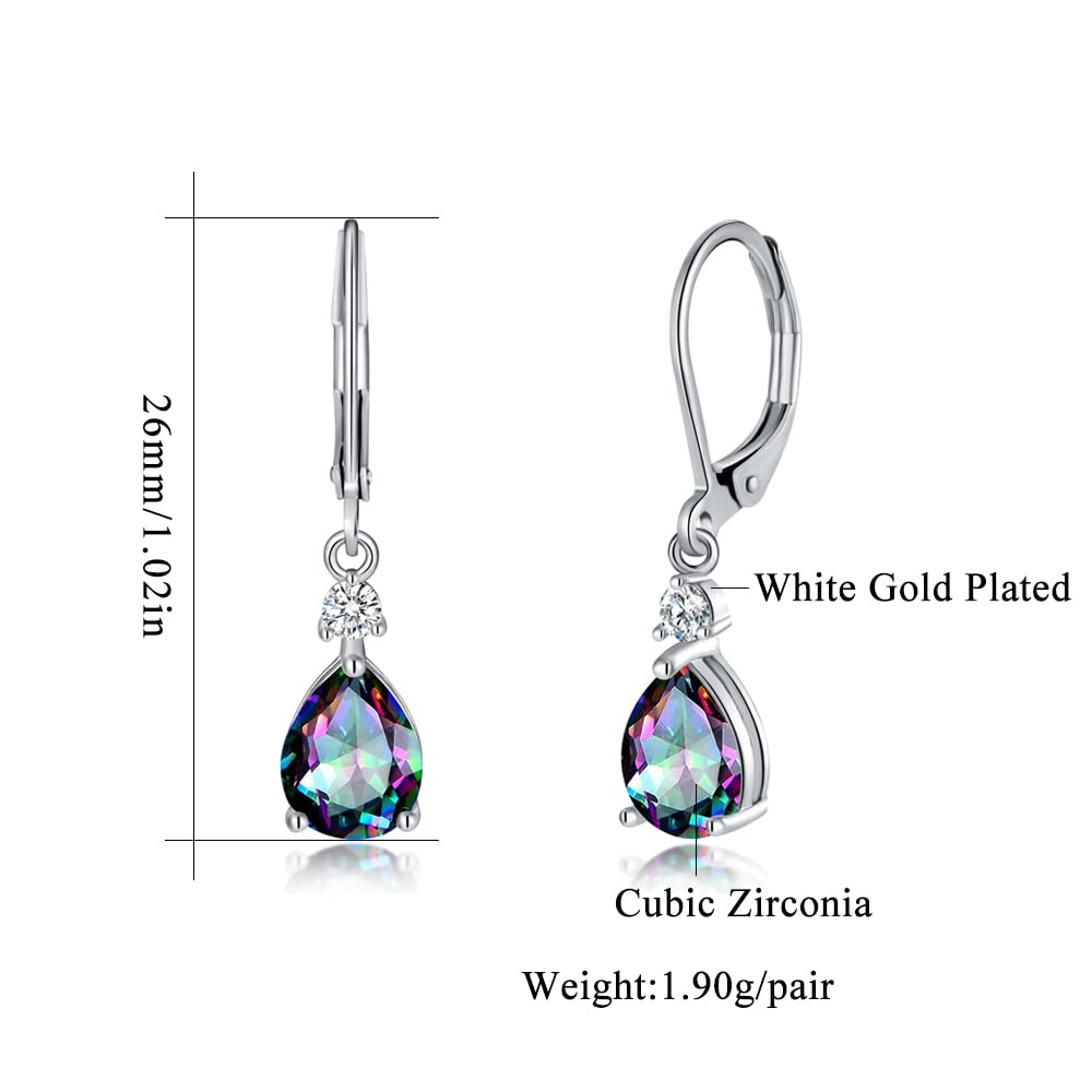 CiNily Womens Leverback Dangle Drop Earrings 14K White Gold Plated Hypoallergenic Mystic Rainbow Topaz Earrings