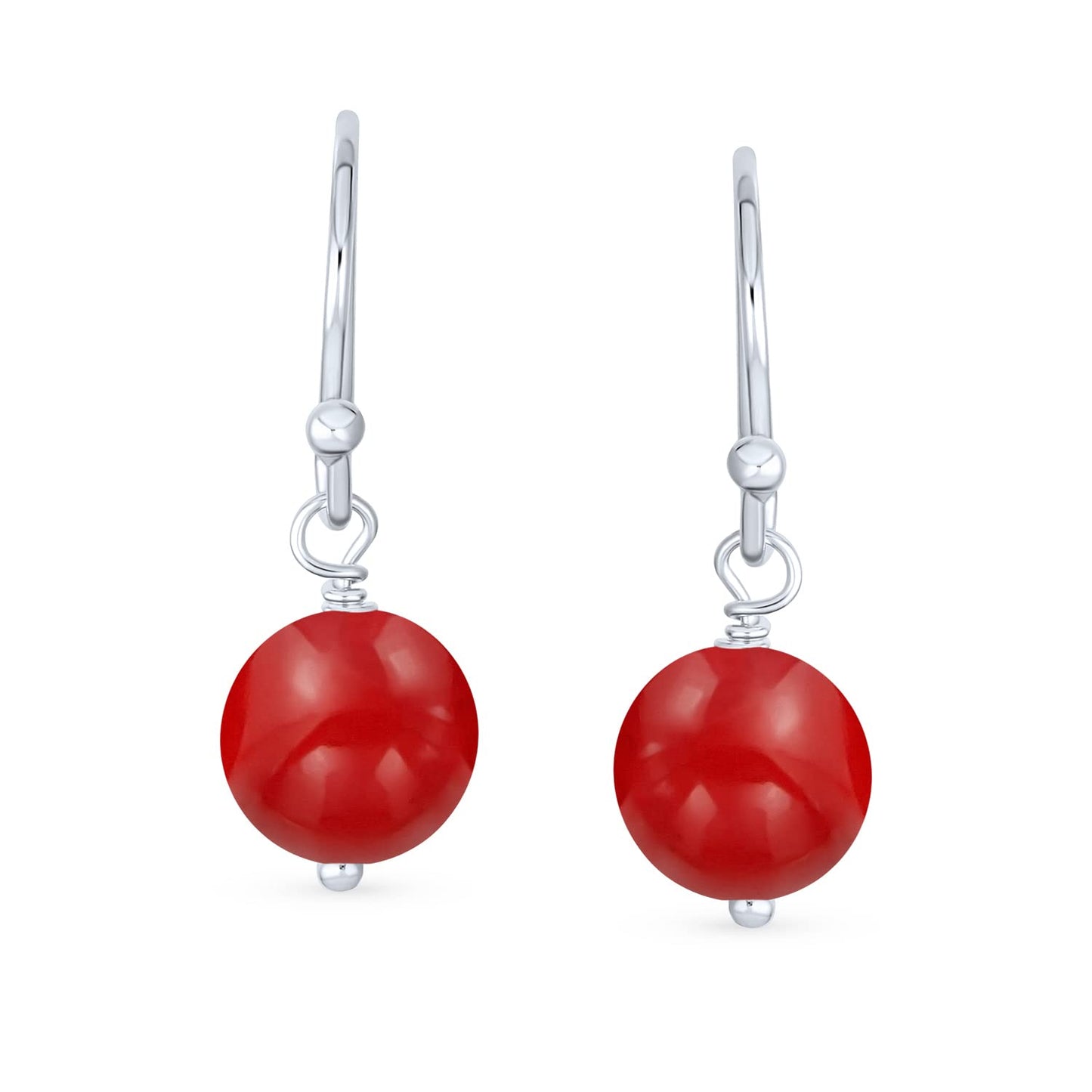 Bling Jewelry Timeless .925 Sterling Silver Red Carnelian Bead 8mm Ball Drop Earrings Fish Hook Genuine Gemstone