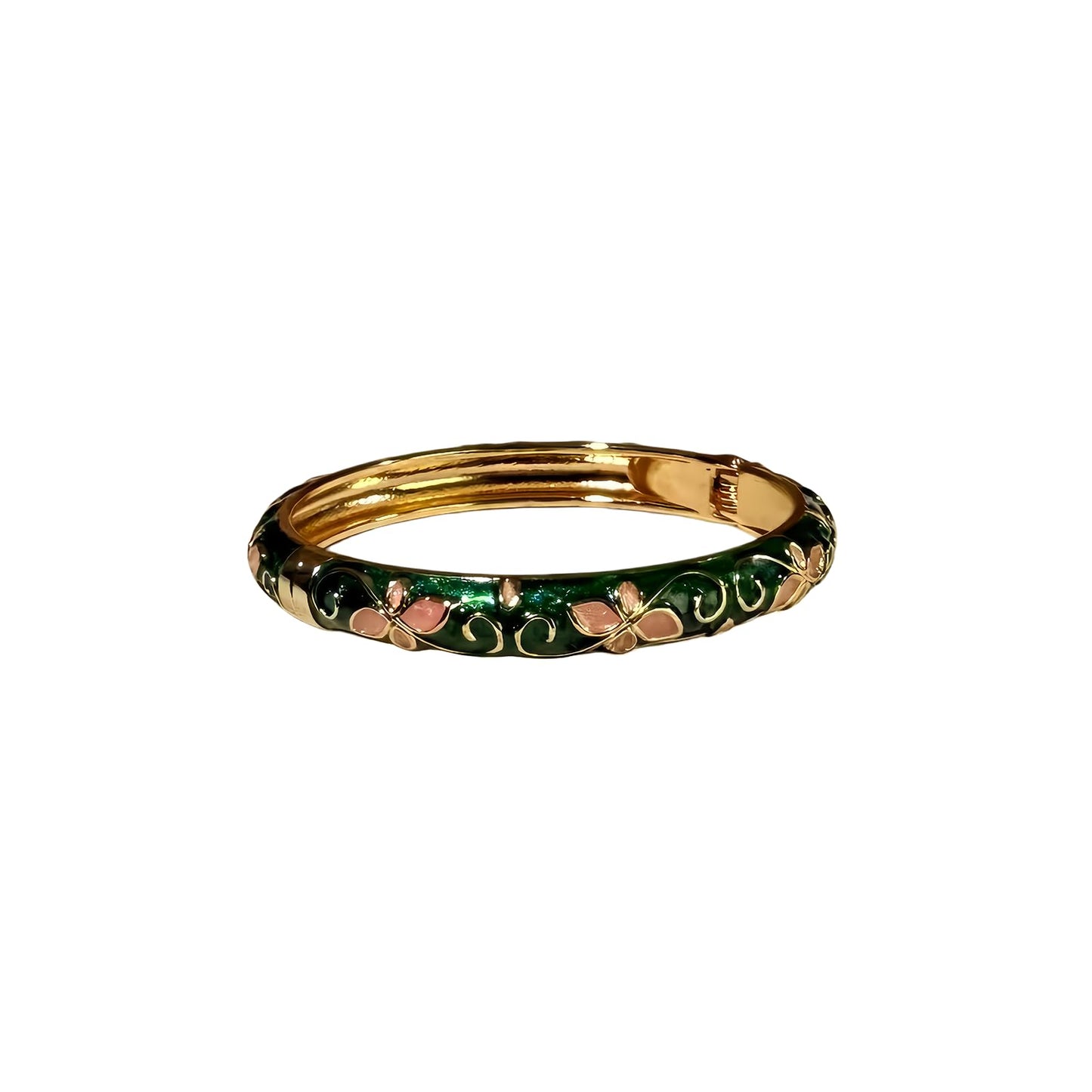 MQCEHTI Vintage Flower Cloisonne Bangle Bracelet for Women, Enamel Chunky Gold Plated Bracelets Jewelry Gifts (Dark Green Pink Flower)