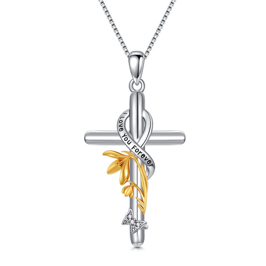 Flpruy Sterling Silver Birth Flower Necklace Birth Flower Cross Necklace Floral Pendant