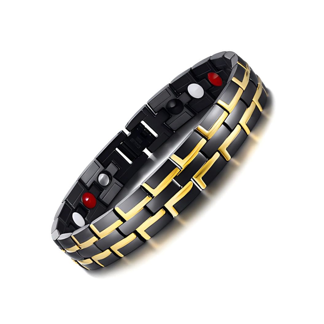 Emmori Stainless Steel Magnetic Therapy Bracelet For Men Women & Adjustable Length with Sizing Tool & Retro Bracelet Jewelry (Black-Gold)