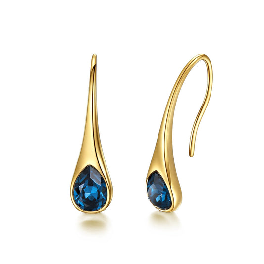 925 Sterling Silver Teardrop Earrings, Hypoallergenic Pear-Shaped Dangle Drop Earrings for Women with London Blue Crystals-14K Gold Plated