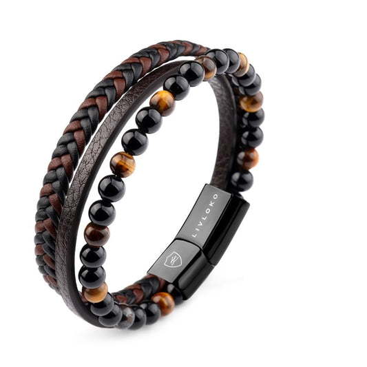 LIVLOKO Mens Bracelet Leather Black Multi-Layer Bracelet for Men Magnetic Clasp Rope Wristband Mens Gift for Boyfriend (Medium to Large 20-22cm, B. 19-22cm Black Brown Tiger-Eye Adjustable)
