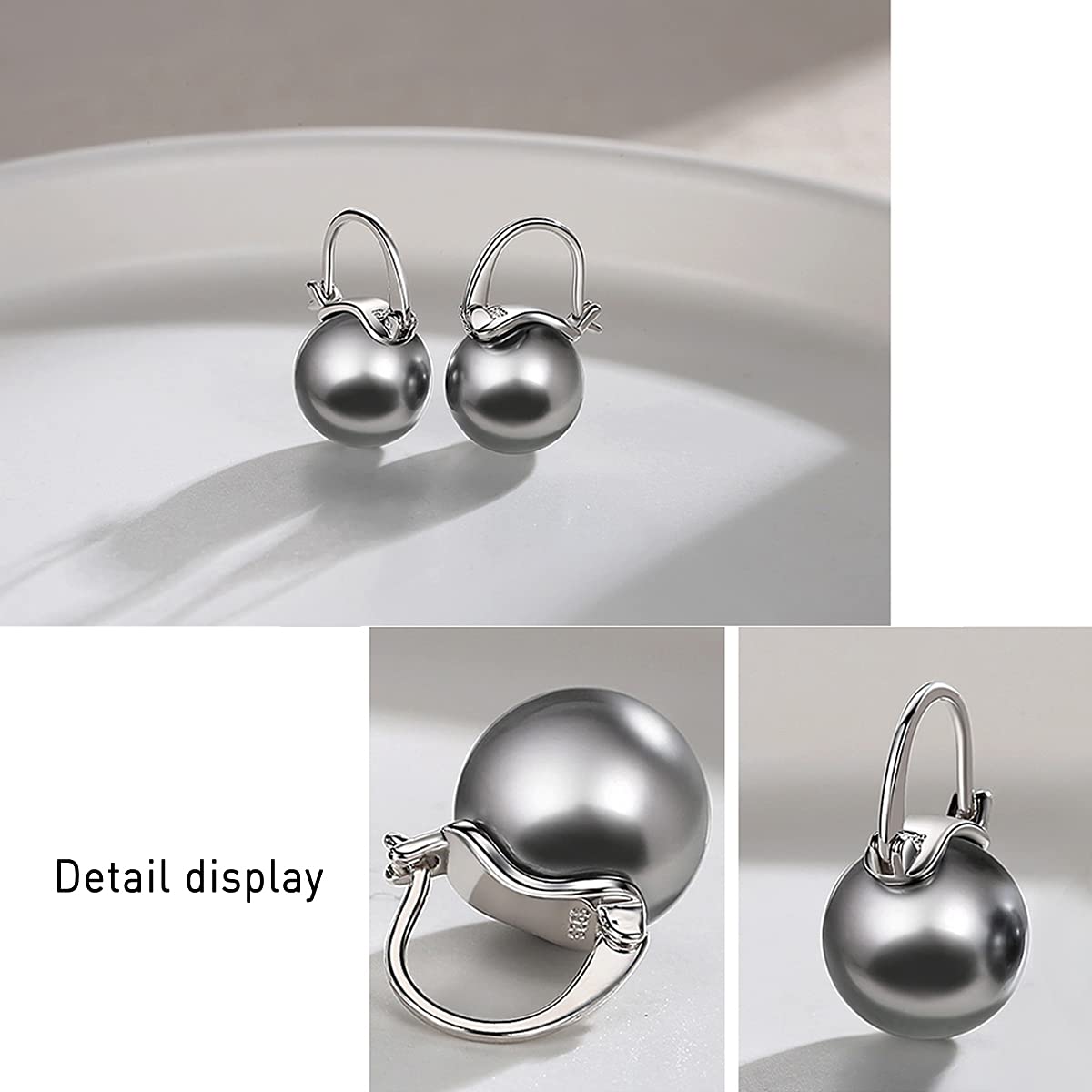 OwMell Elegant 925 Sterling Silver Pearl Drop Earrings Dangle Stud Gold Plated Earrings for Women Large Size 12mm - Grey