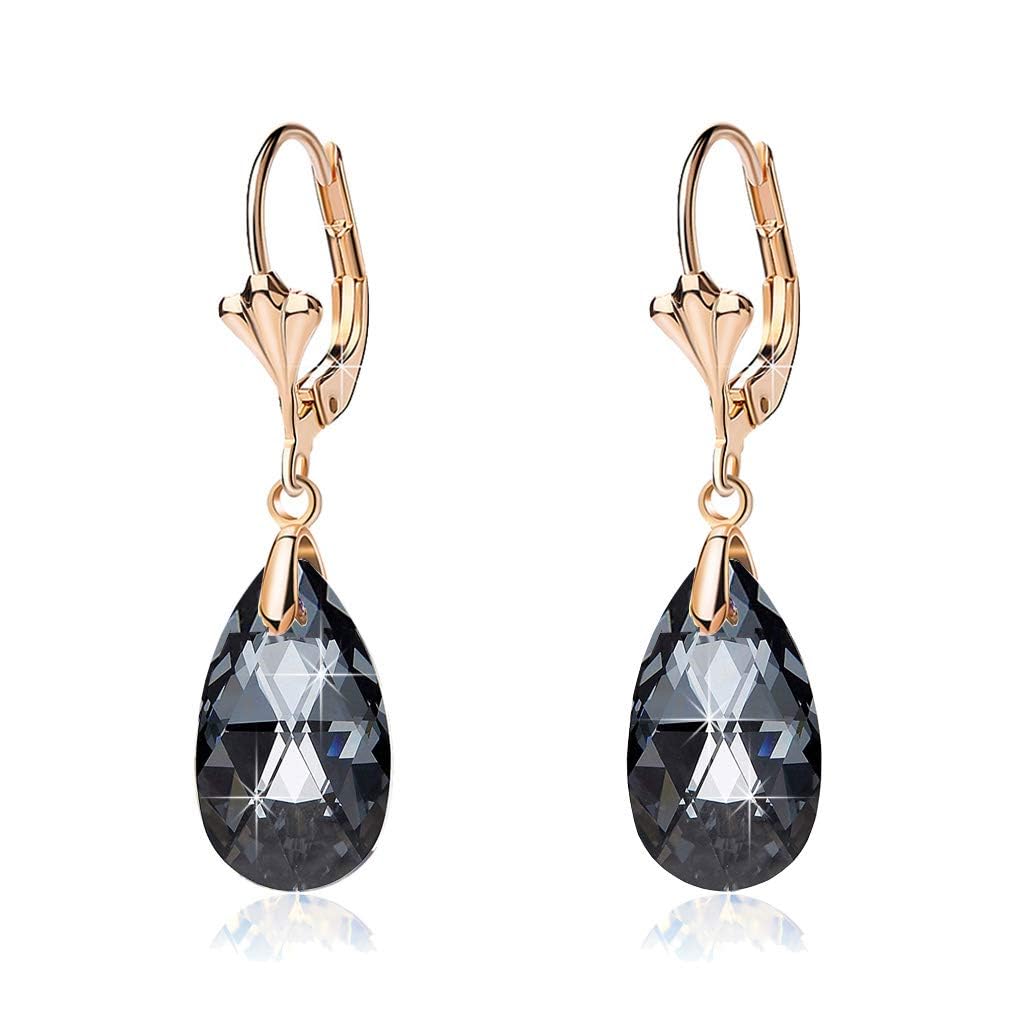 Austrian Crystal Teardrop Leverback Dangle Earrings for Women Fashion 14K Gold Plated Hypoallergenic Jewelry (Black)