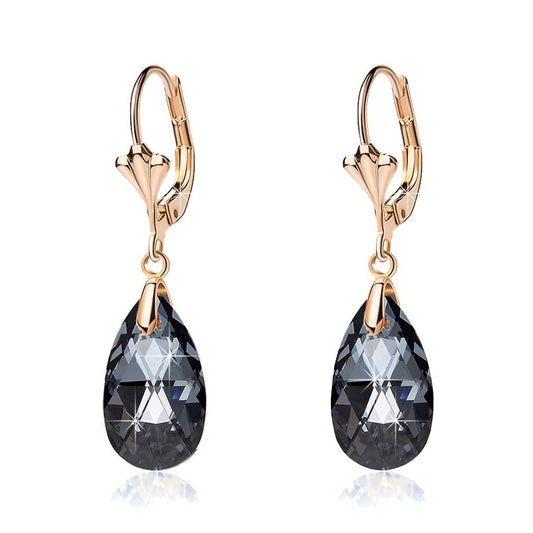 Austrian Crystal Teardrop Leverback Dangle Earrings for Women Fashion 14K Gold Plated Hypoallergenic Jewelry (Black)
