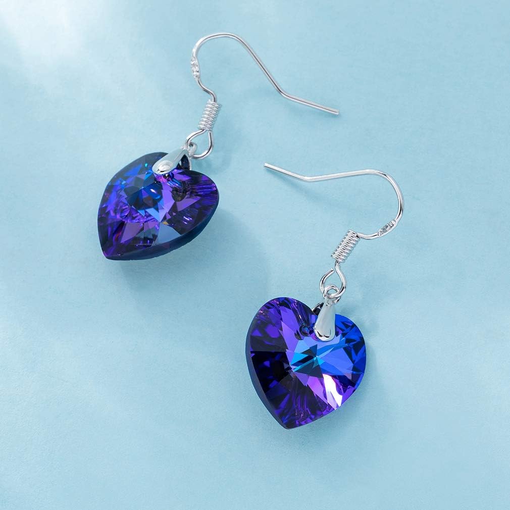 Austrian Crystal Heart Drop Dangle Earrings for Women 925 Sterling Silver Hook Hypoallergenic Earring (Violet)