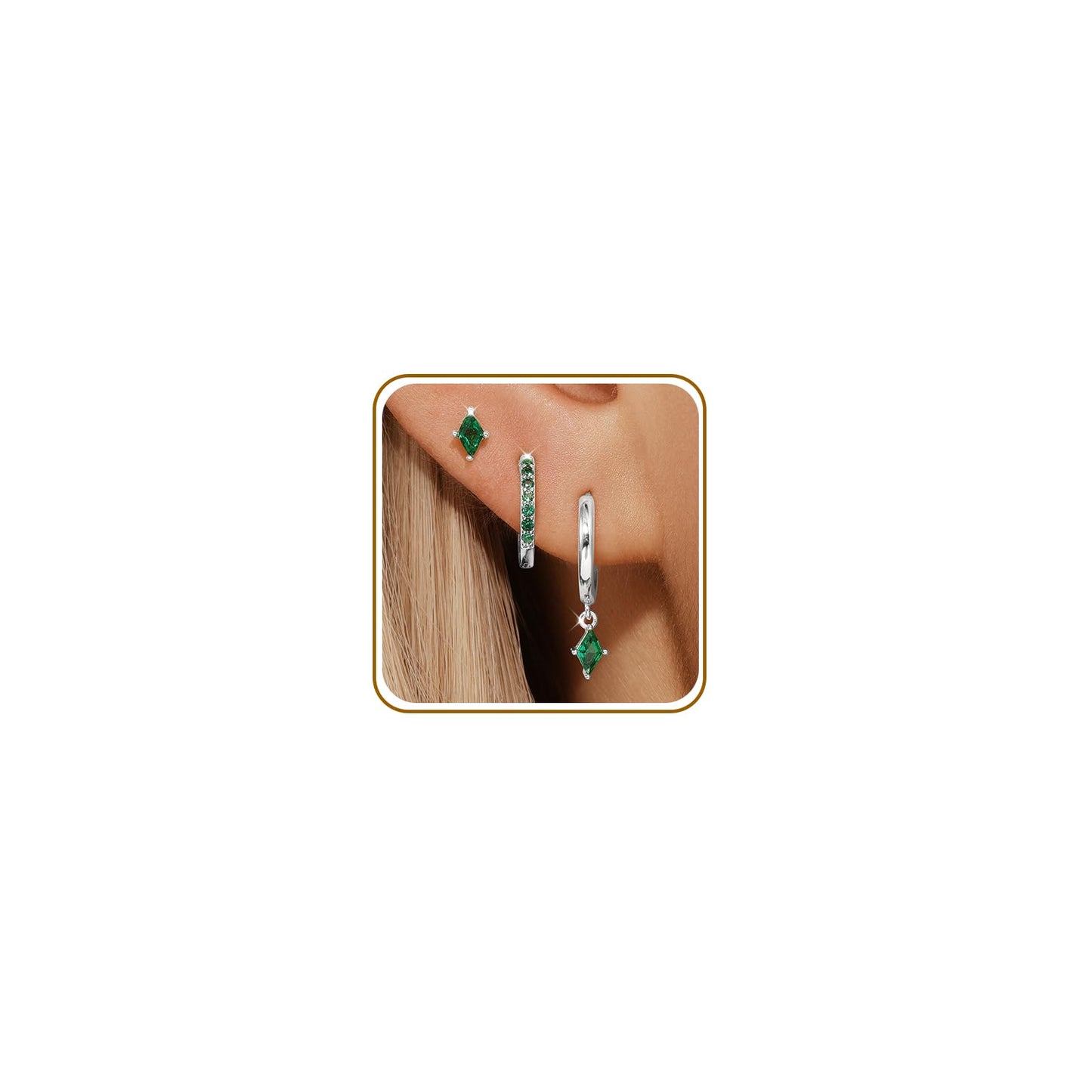 Sterling Silver Hoop Earrings Set for Women, Dainty Green Huggie Dangle Earring, Small Hypoallergenic Silver Earring Stacks for Multiple Piercing, Emerald Green Earring for Women Trendy