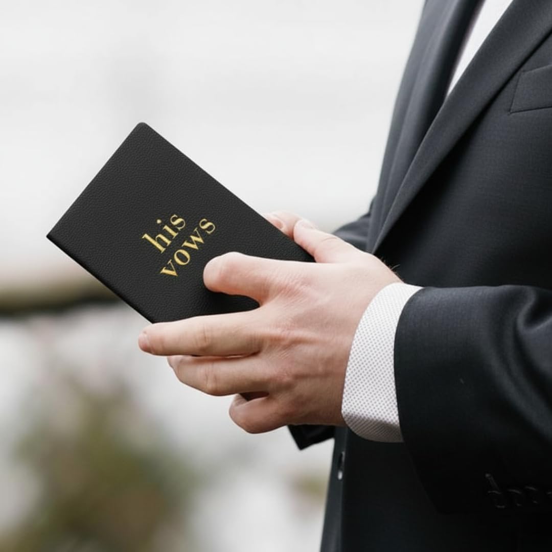 Pretty Robes LGBTQ Premium Leather Vow Books His and His Booklet - Wedding Stuff & Essentials for LGBTQ Wedding - Ideal Gift, Must Have Wedding Planning Books - Keepsafe Gay Couple (Black/Black)