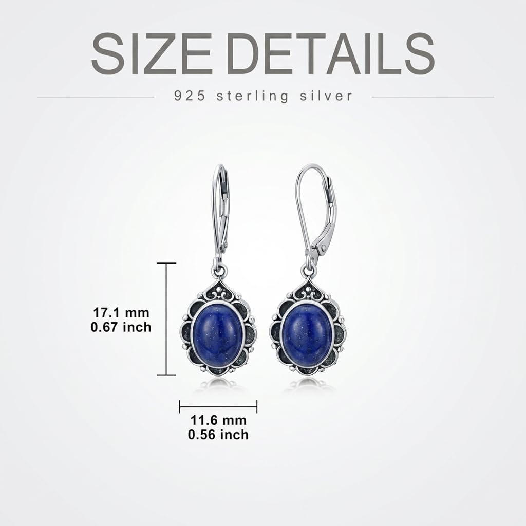 Lapis Lazuli Drop Earrings for Women 925 Sterling Silver Vintage Oval 9x7mm Filigree Leverback Dangle Earrings, Gothic Victorian Antique Jewelry Gifts