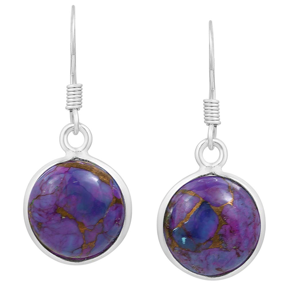Natural Purple Copper Turquoise 925 Silver Plated Dangle Earrings for Women - Round Shape Purple Color Gemstone December Birthstone Handmade Jewelry Earrings - Gift for Her