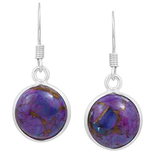 Natural Purple Copper Turquoise 925 Silver Plated Dangle Earrings for Women - Round Shape Purple Color Gemstone December Birthstone Handmade Jewelry Earrings - Gift for Her