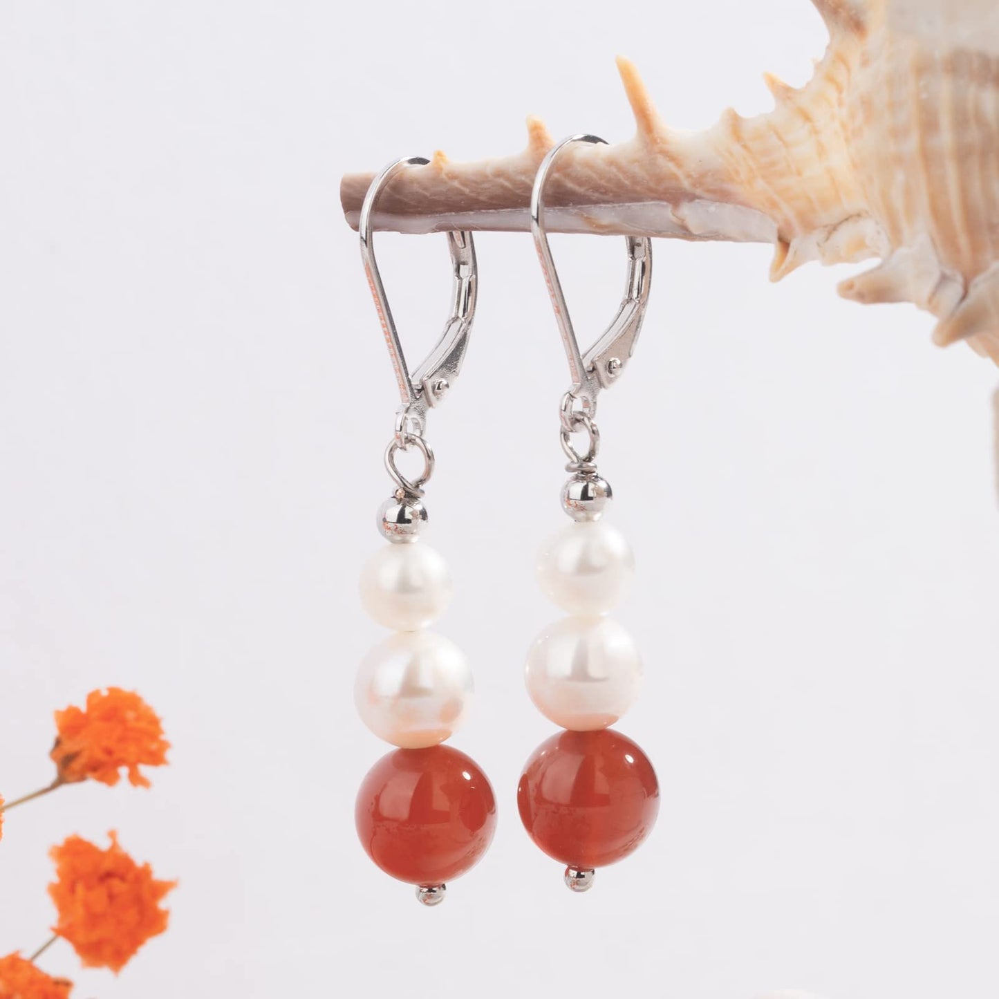 Sterling Silver Freshwater Cultured Pearl Drop Earrings Size 4-8mm Dangle Leverback Earring for Women (Rhodium Plated Carnelian)