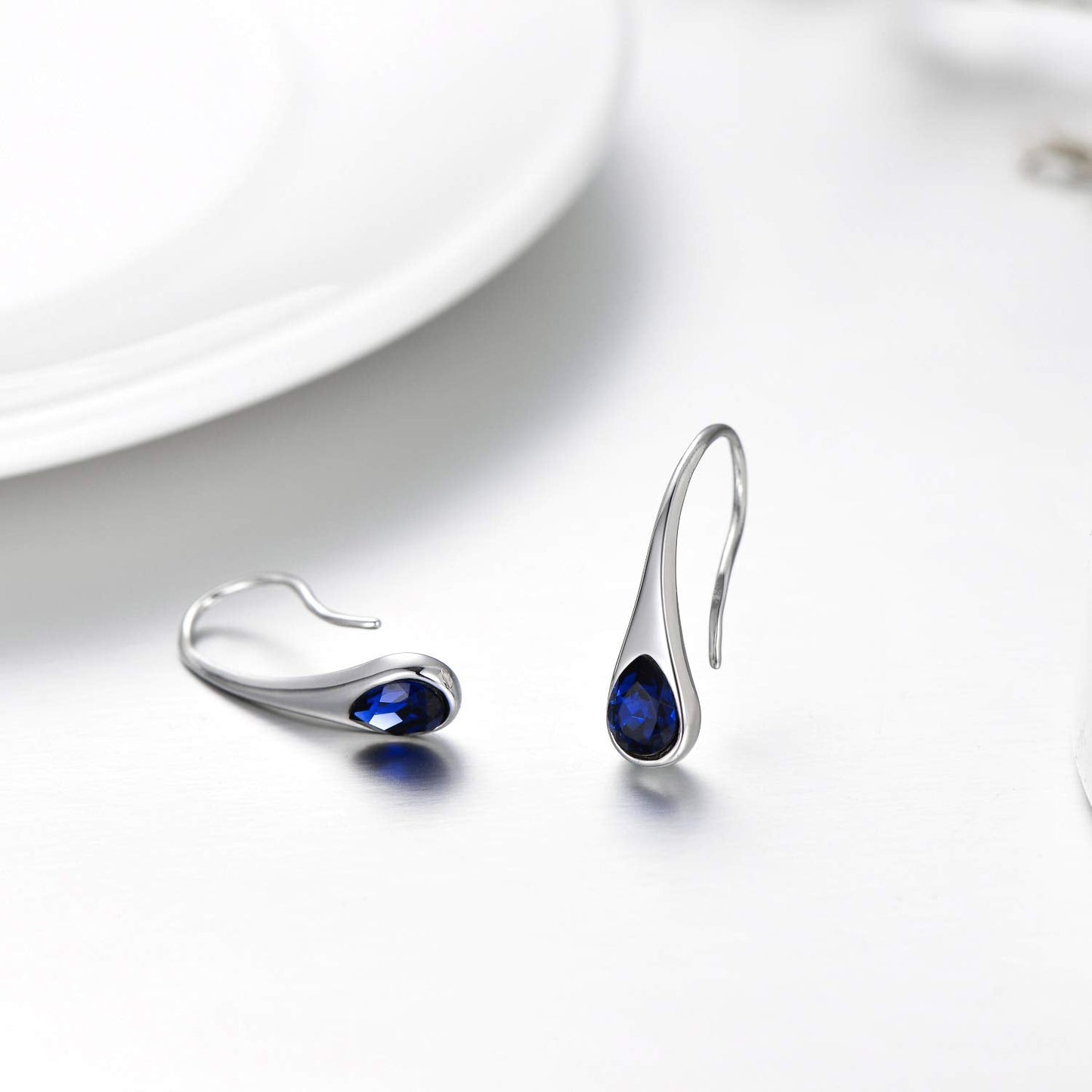 925 Sterling Silver Small Pear-Shaped Hook Earrings with Simulated Sapphire Birthstone Crystals from Austria, September Birthstone Jewelry Gifts for Women Wife Mom