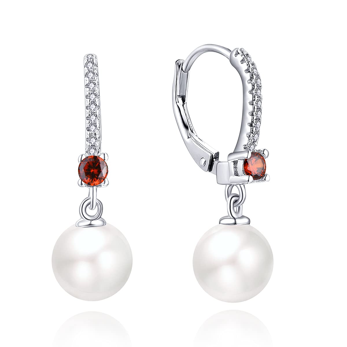 JO WISDOM Pearl Earrings,925 Sterling Silver 8mm Pearl Leverback Drop Earrings with 3A CZ January Birthstone Garnet Color,Jewelry for Women
