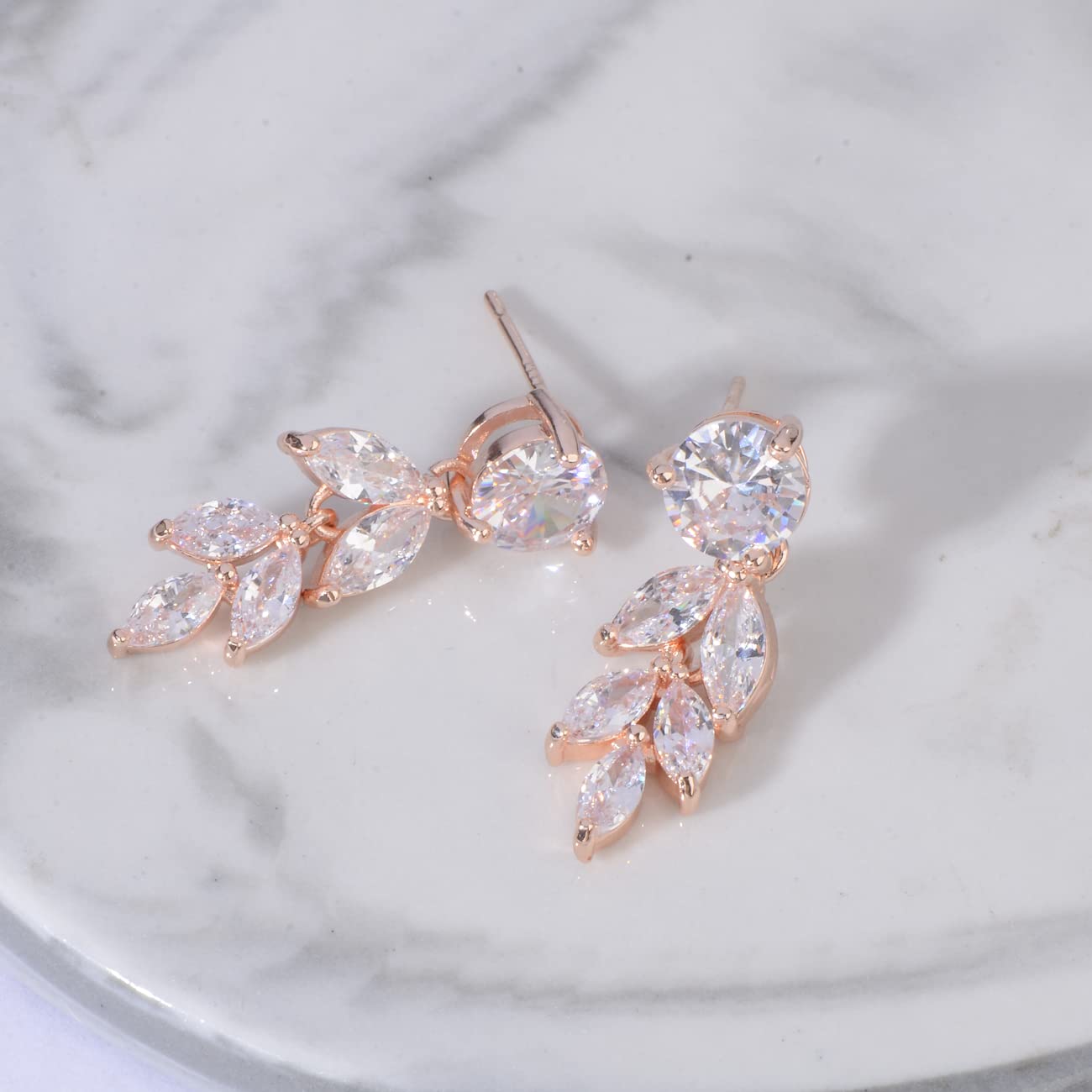 Cinmilada Bridal Earrings for Wedding Rose Gold Sterling Silver Marquise Teardrop Cubic Zirconia Crystal CZ Cluster Earrings for Bride Bridesmaids Women Costume Jewelry Gift