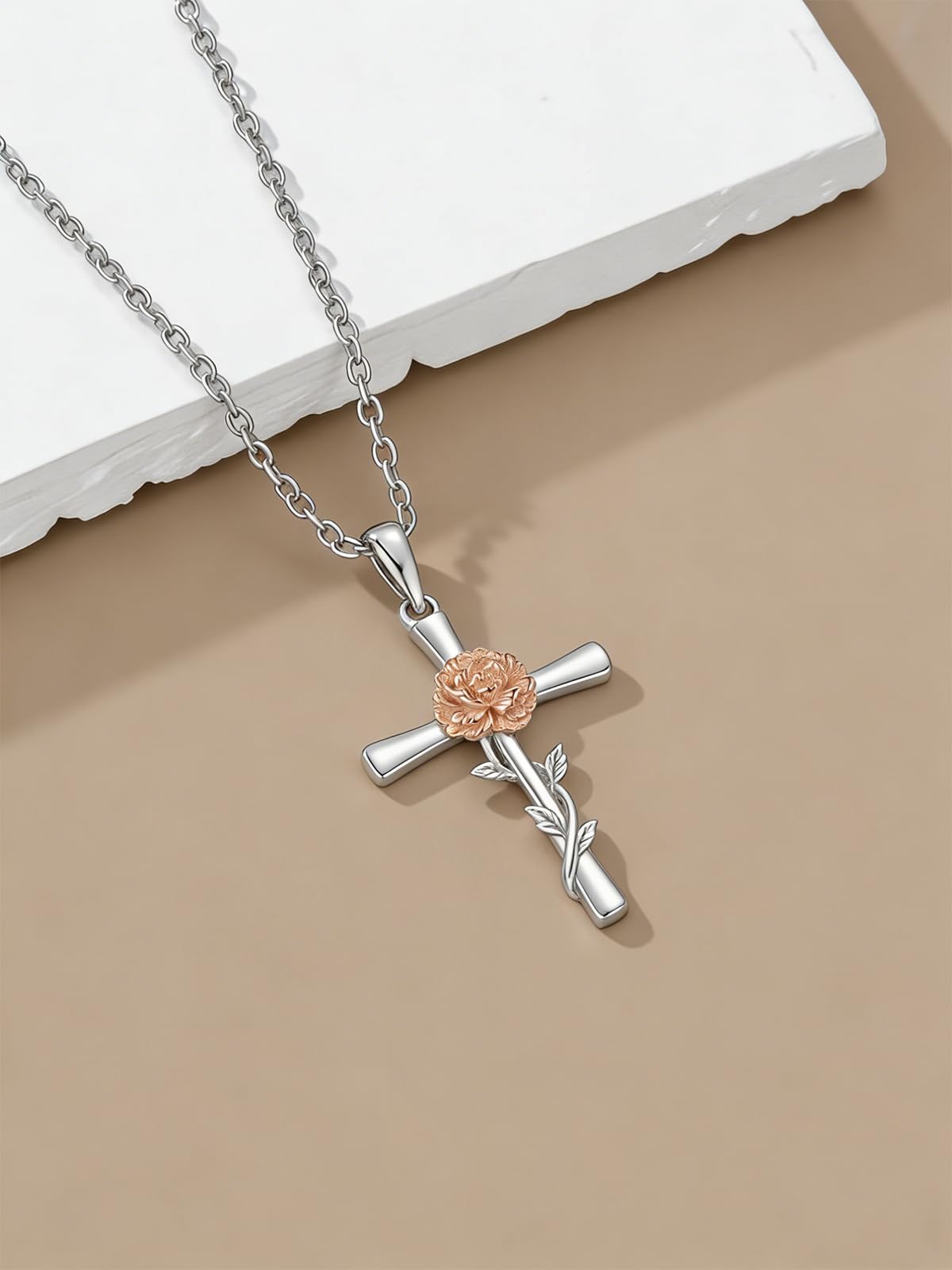Cargari Carnation Cross Necklace for Women 925 Sterling Silver Carnation Flower Necklace Christian Religious Flower Jewelry Gift for Women