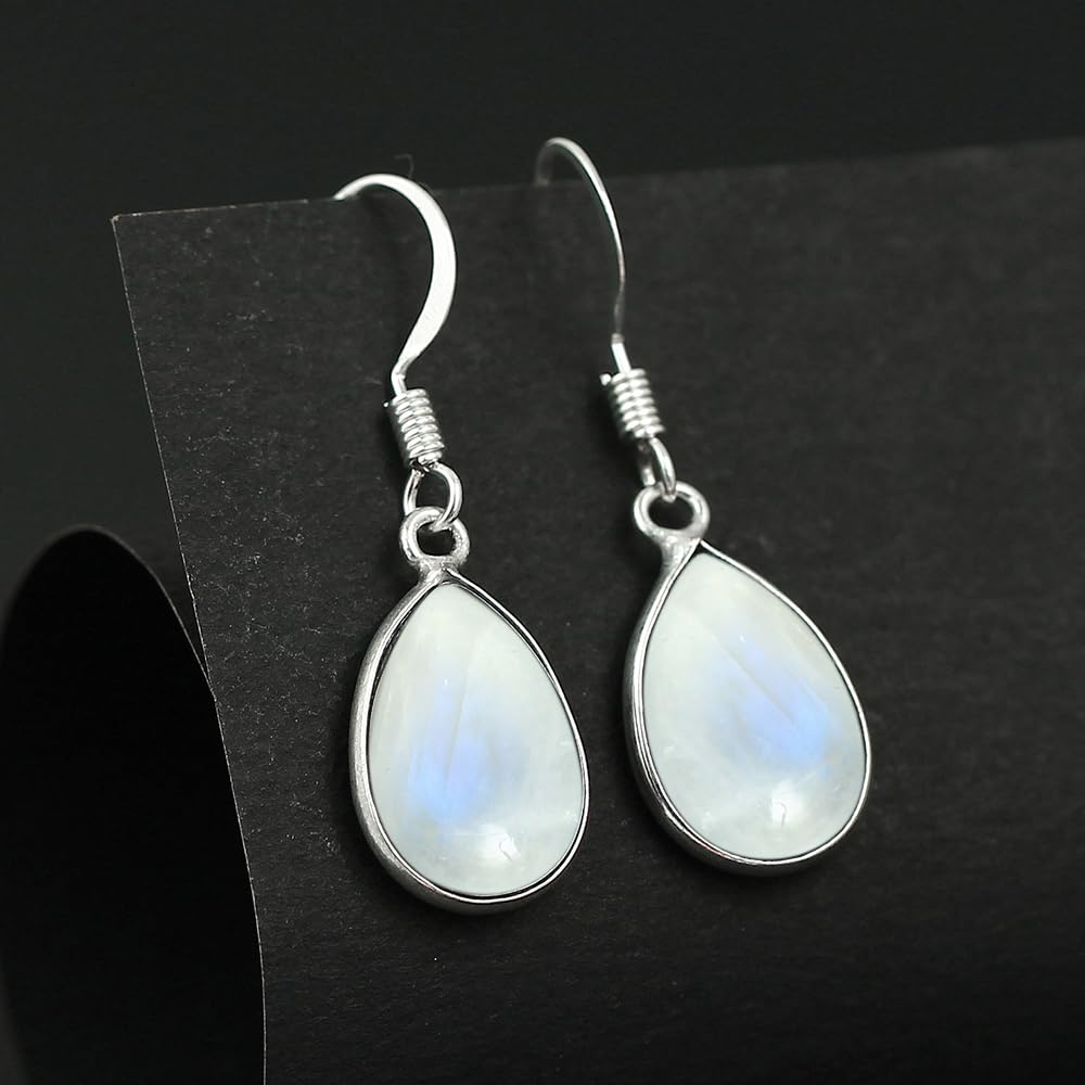 Natural Moonstone Sterling Silver Dangle Earrings for Women - White Stone June Birthstone Pear Shape Gemstone Handmade Drop Earrings - Gifts for Wedding Anniversary Valentien's day