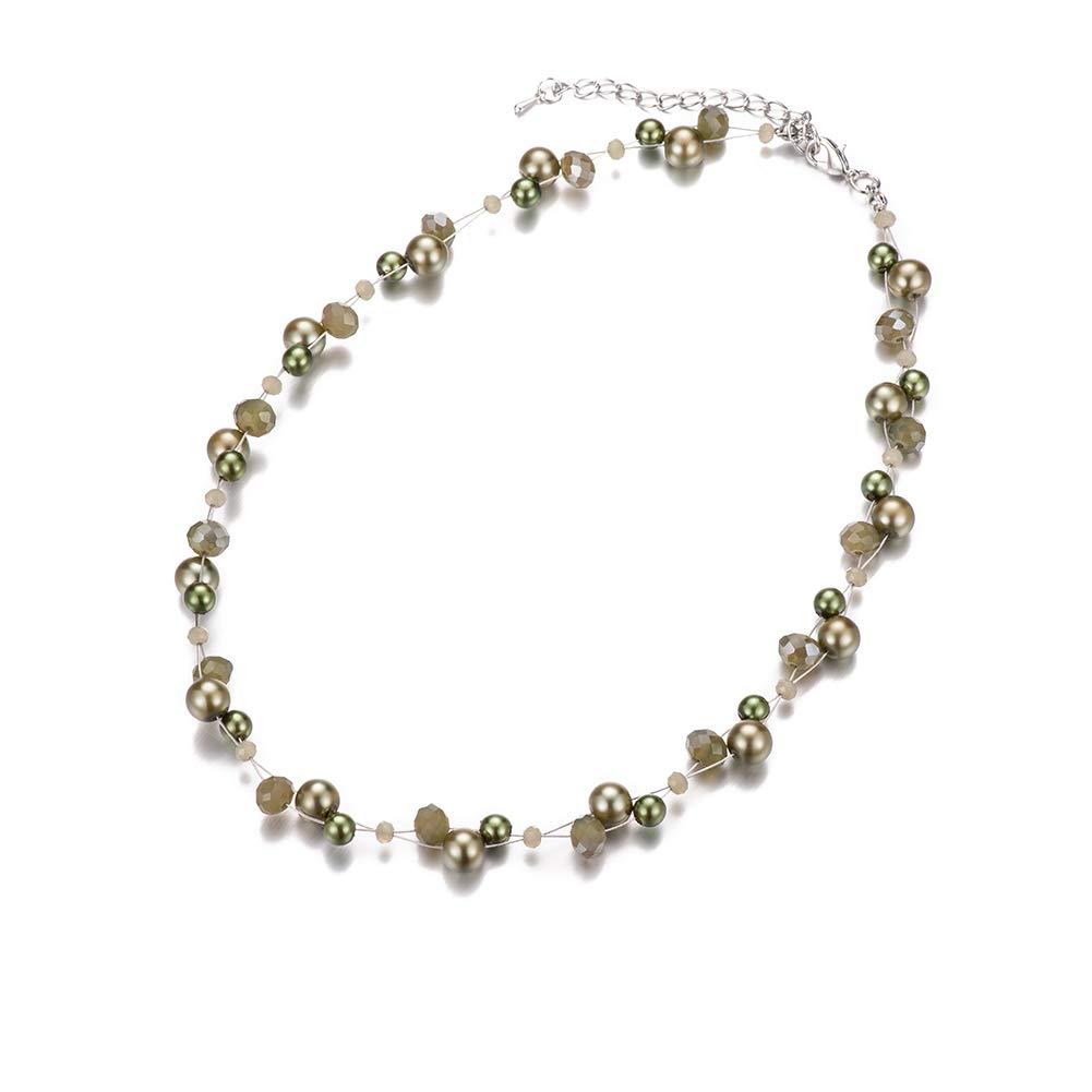 Short Beaded Turquoise Necklace For Women - Fashion Jewelry with Pearl and Crystal Bead, Birthday Gifts For Women (27-Army Green)