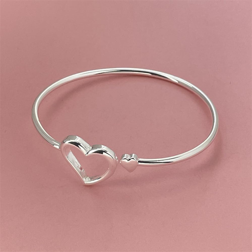 Baoaichi 925 Sterling Silver Bracelet Heart Bangle Bracelets for Teen Girls Fashion Hollow Heart cuff Bracelets Love Friendship Jewelry gift for Her Birthday Holidays Couple Cuff Bangle (silver A)