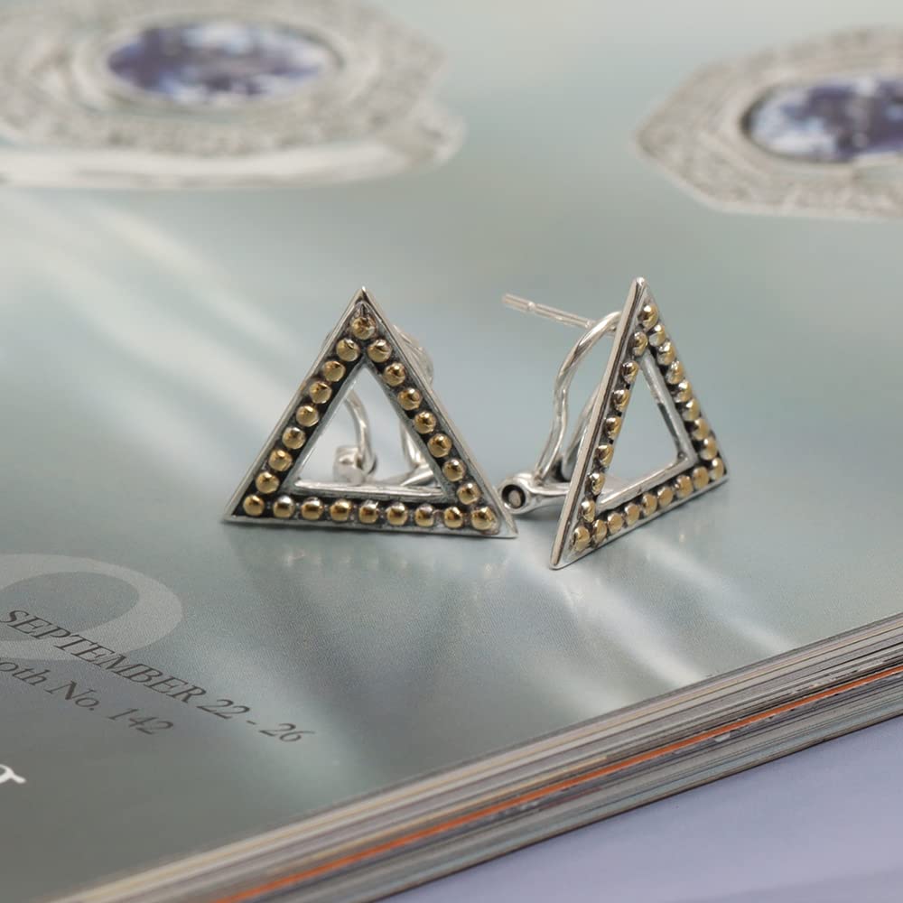 LeCalla 925 Sterling Silver Omega Back Earrings Jewelry Antique Beaded Two-Tone Triangle Omega Back Clip-On Large Stud Earrings for Women 17 MM