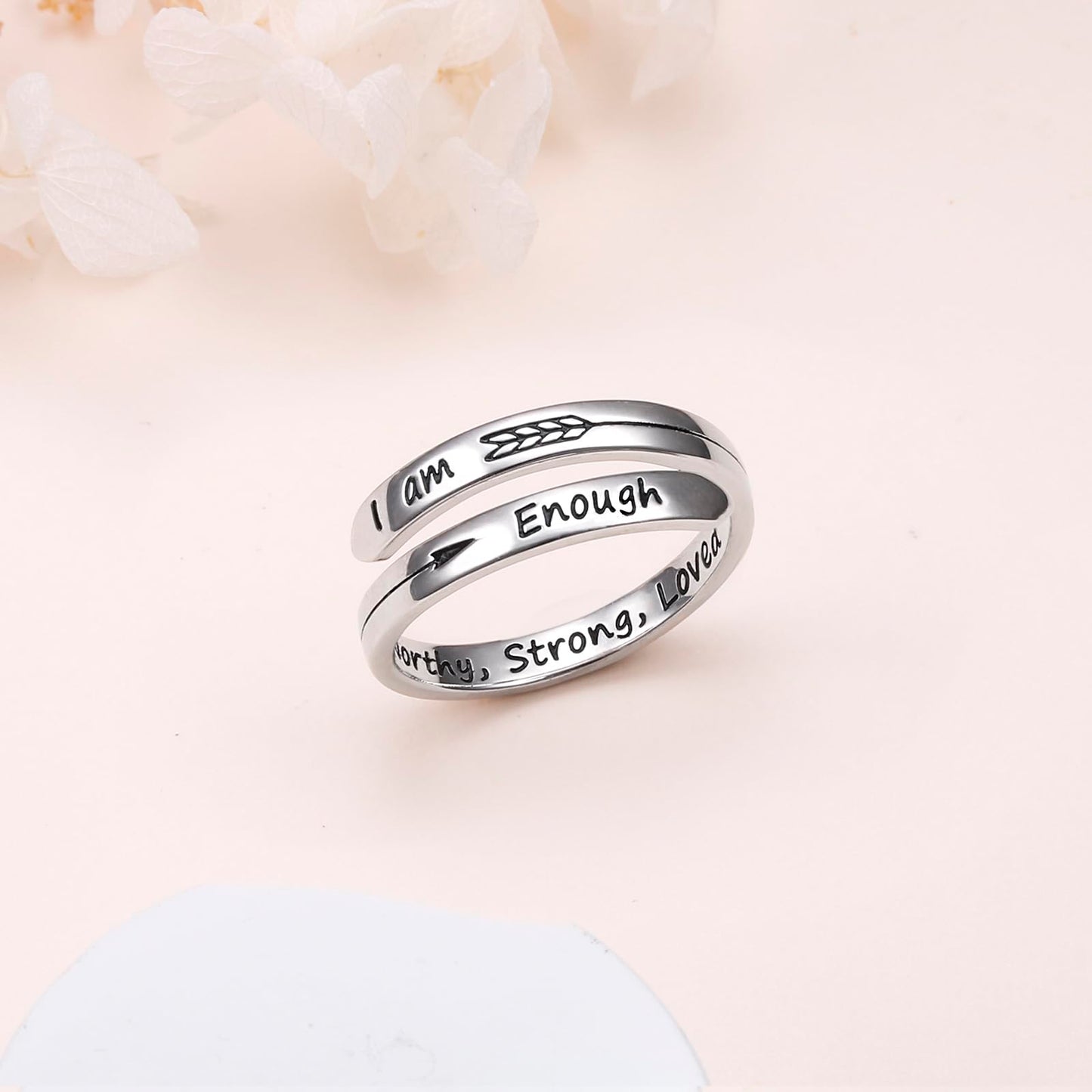 Ladytree Adjustable Inspirational Rings 925 Sterling Silver Stacking Wrap Spiral Twist Statement Band Encouragement Jewelry Birthday Gift for Women Men(I am Enough Worthy,Strong,Loved)