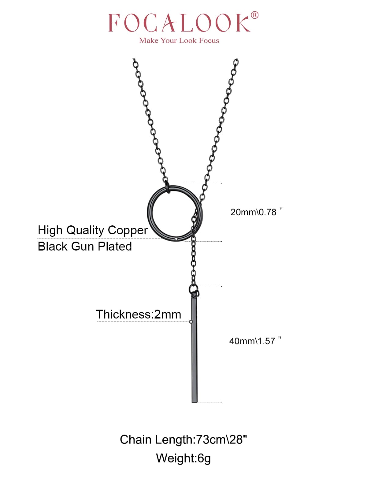 FOCALOOK Long Black Necklaces for Women Drop Bar Pendant Larait Y Necklace 28inch/73cm